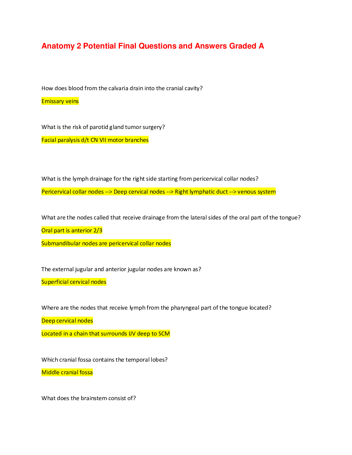 Preview image for Anatomy 2 Potential Final Questions and Answers Graded A